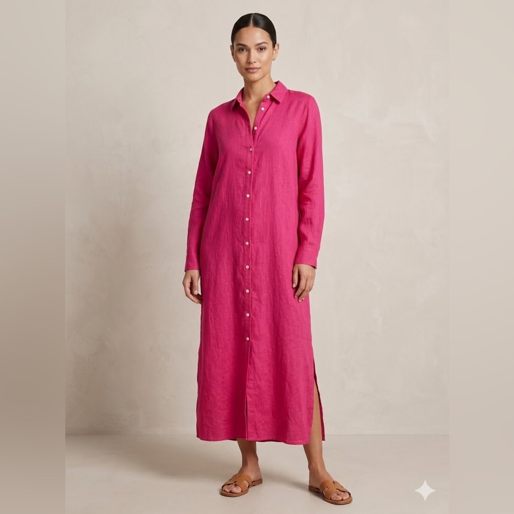 Made in Italy Red Linen Long Shirt Dress Relaxed Summer Lagenlook Beach boho M